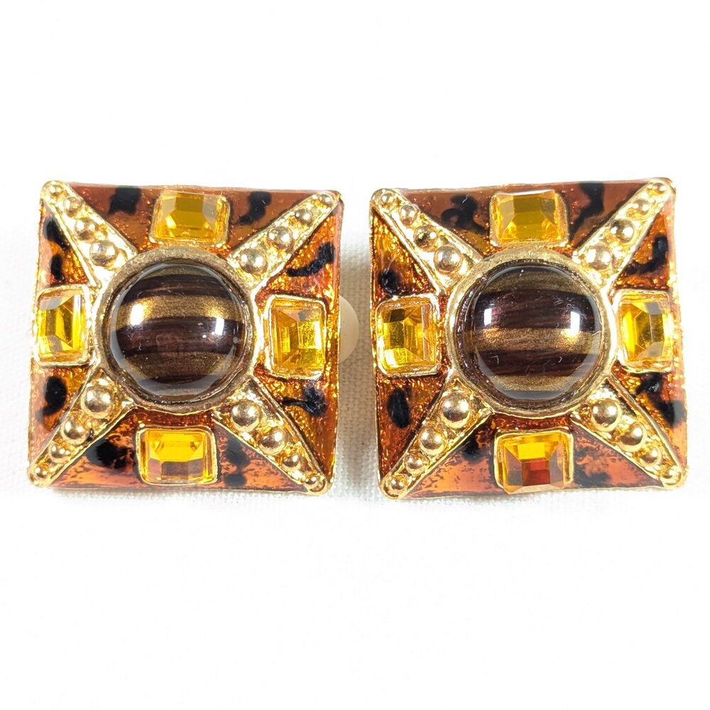 Large vintage clip earrings, 1980s opulent gold toned costume jewelry earrings